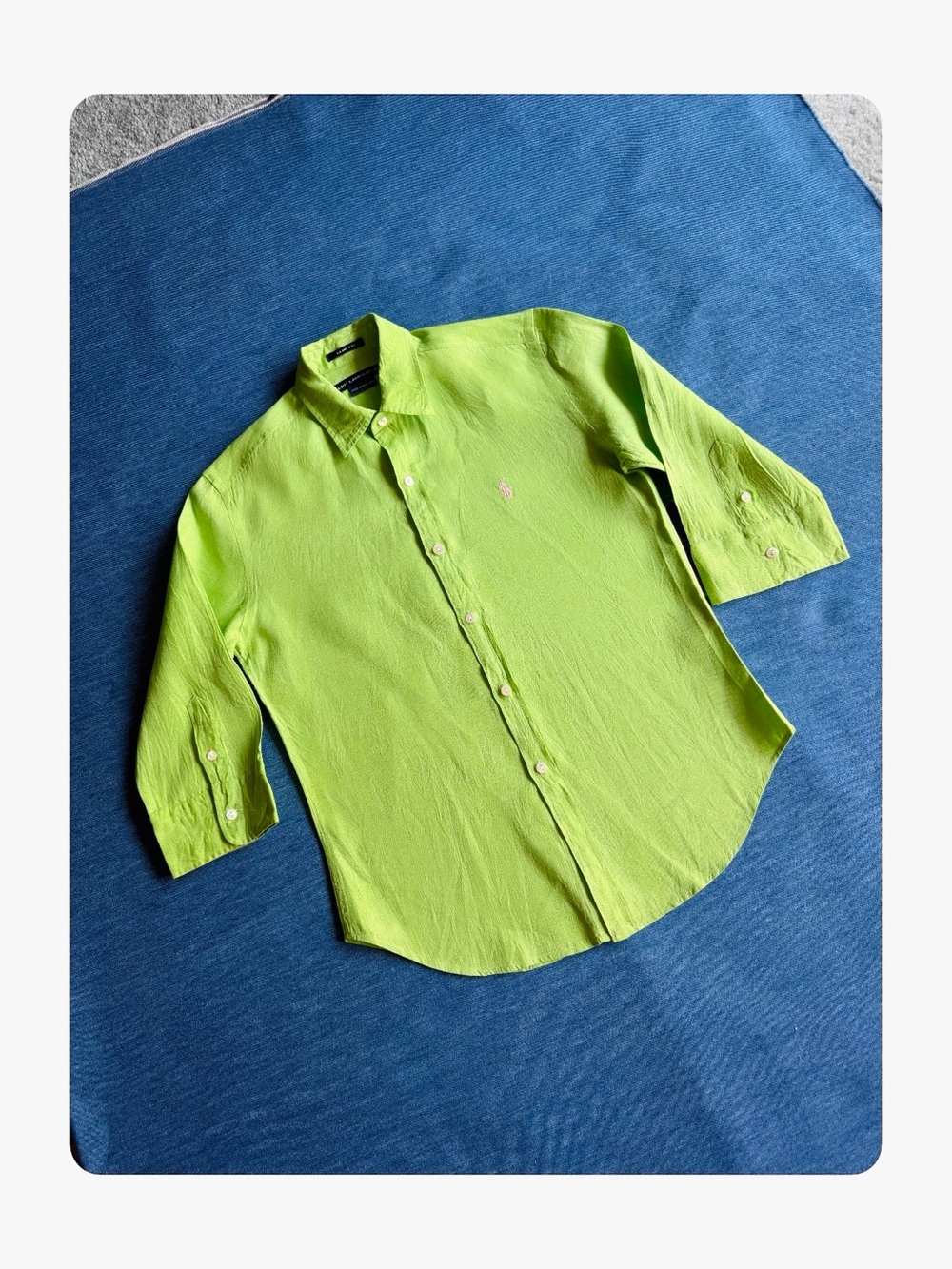★Ralph Lauren Sport Slim Fit Seasonal Staple 100% Linen 3/4 Blouse Lime Green 4★ - Picture 10 of 11